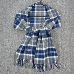 Bronte By Moon Scarf Womens Blue & Gray Plaid Fringed 100% Lambswool